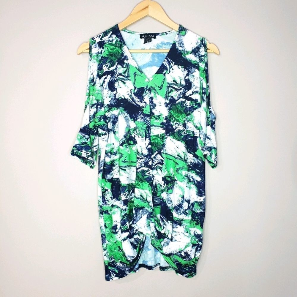 Marble Short Sleeve Oversized Cold Shoulder Green Blue Tunic Top Small XSmall